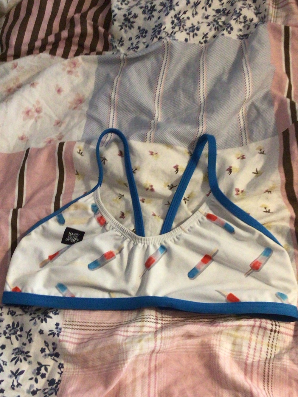 Women Blue-Trim White Popsicle Print Swim Top